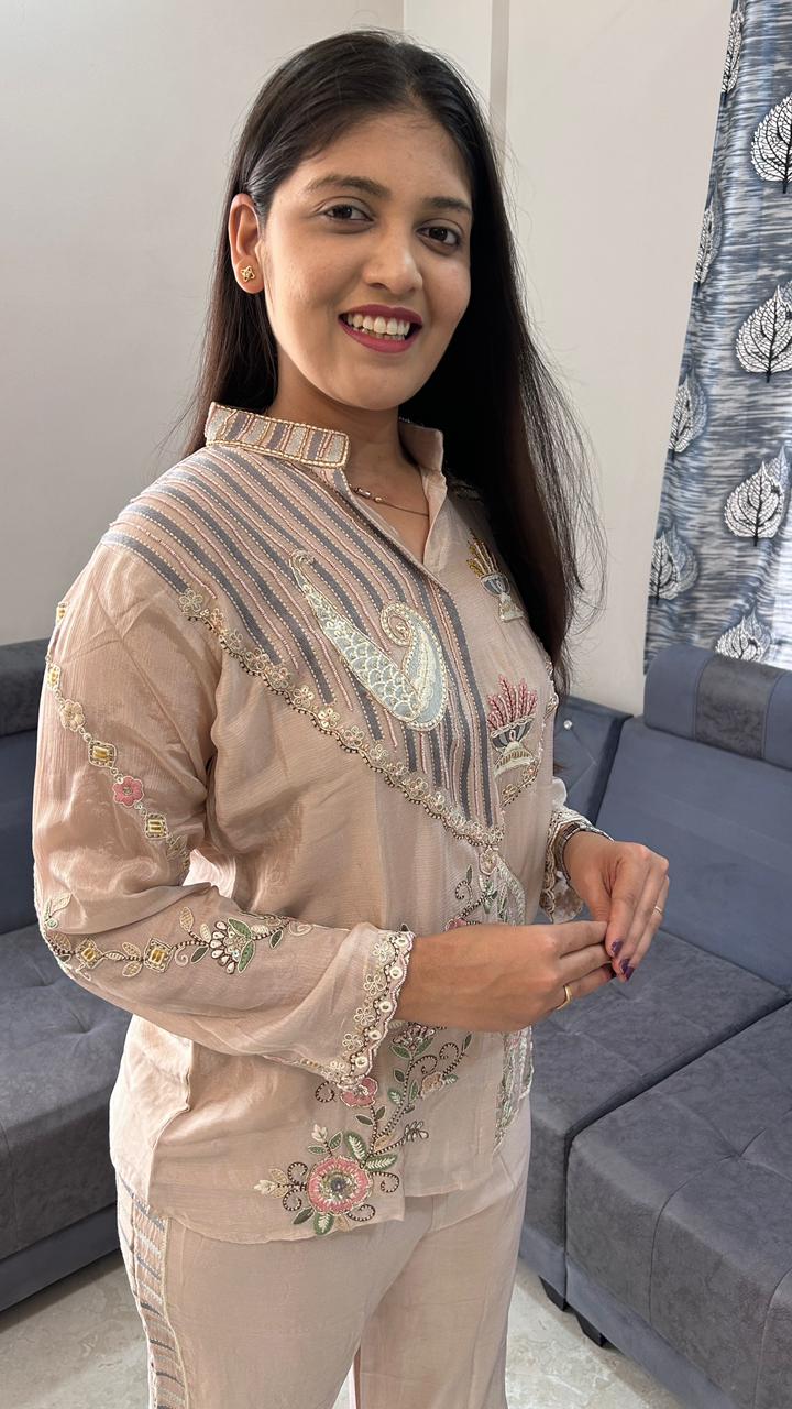 Floral Hand-Embroidered Blush Pink Co-Ord Set