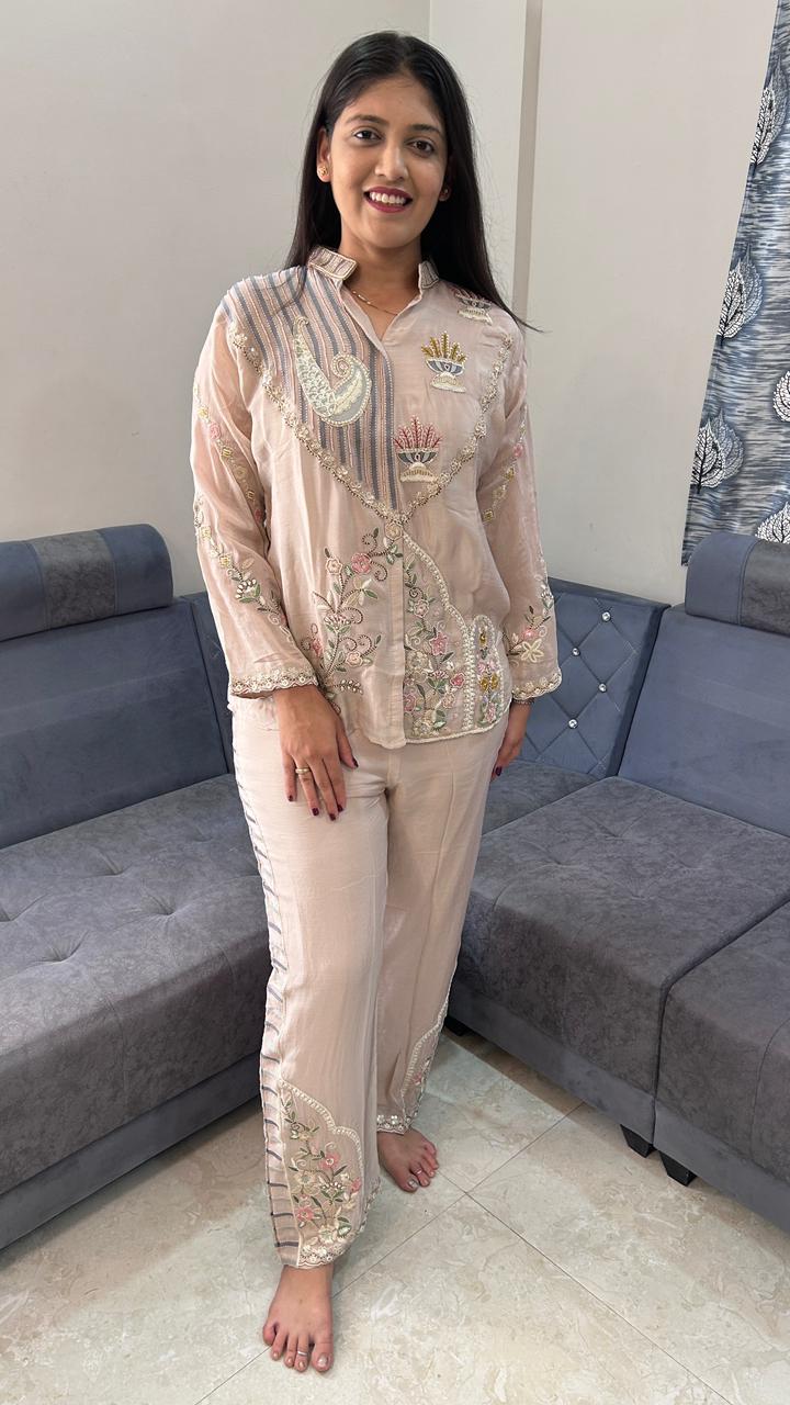 Floral Hand-Embroidered Blush Pink Co-Ord Set