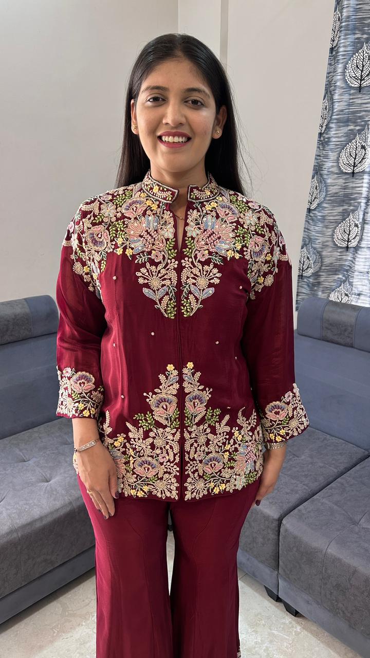 Elegant Floral Embroidered Maroon Bell-Bottom Co-Ord Set