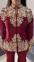 Elegant Floral Embroidered Maroon Bell-Bottom Co-Ord Set