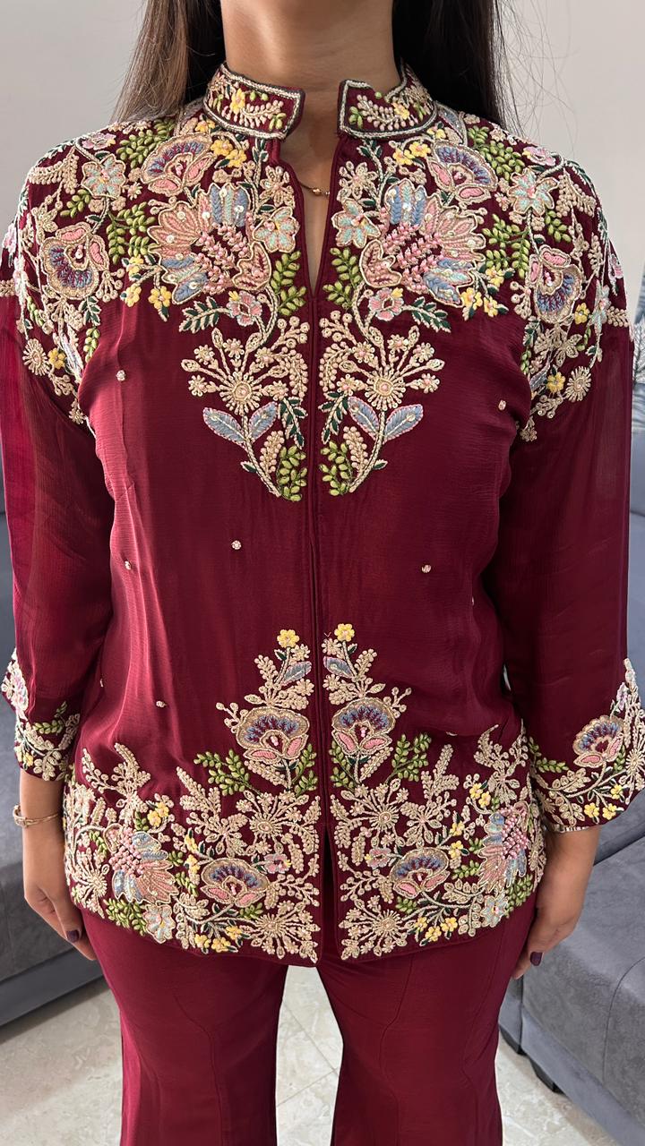 Elegant Floral Embroidered Maroon Bell-Bottom Co-Ord Set
