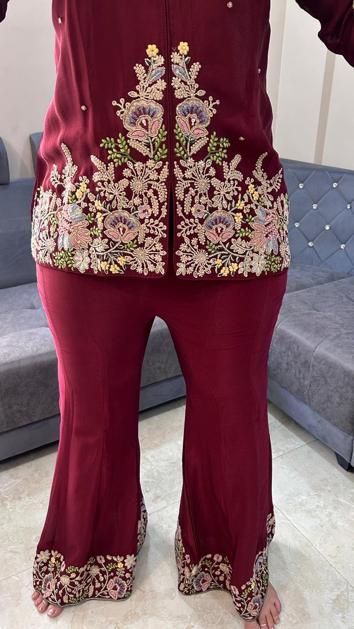 Elegant Floral Embroidered Maroon Bell-Bottom Co-Ord Set