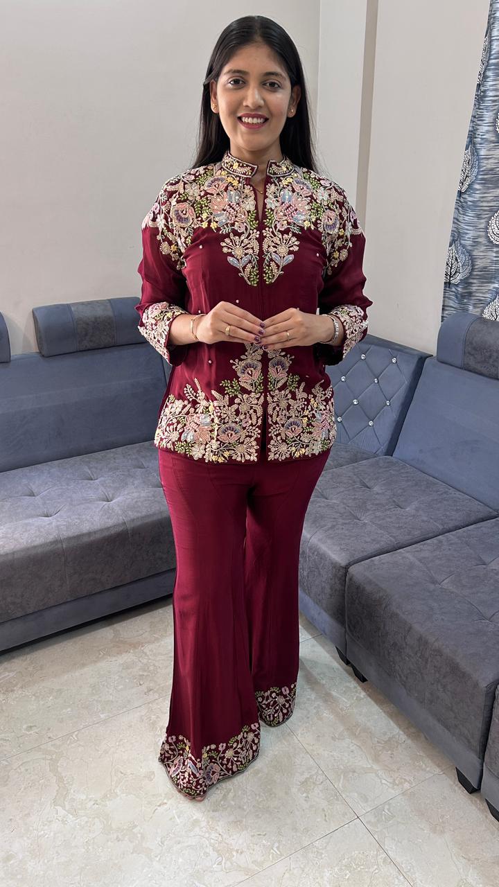 Elegant Floral Embroidered Maroon Bell-Bottom Co-Ord Set