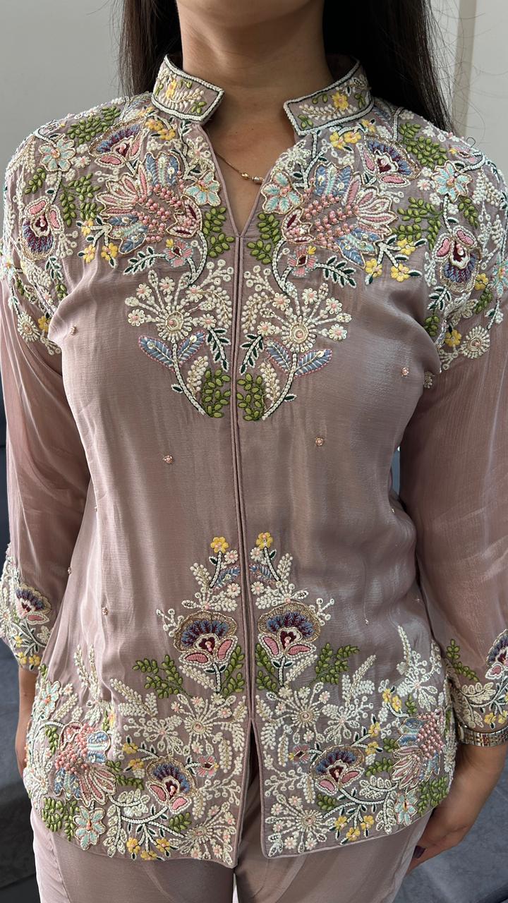 Elegant Floral Embroidered Lavender Bell-Bottom Co-Ord Set