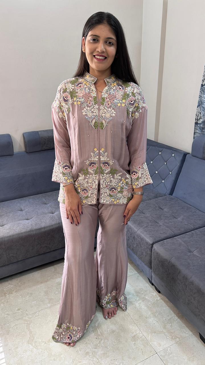 Elegant Floral Embroidered Lavender Bell-Bottom Co-Ord Set