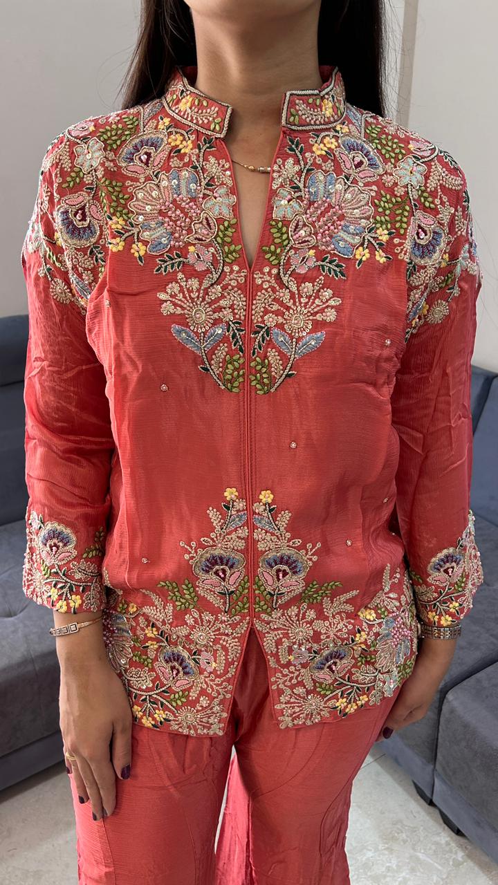 Elegant Floral Embroidered Orange Bell-Bottom Co-Ord Set
