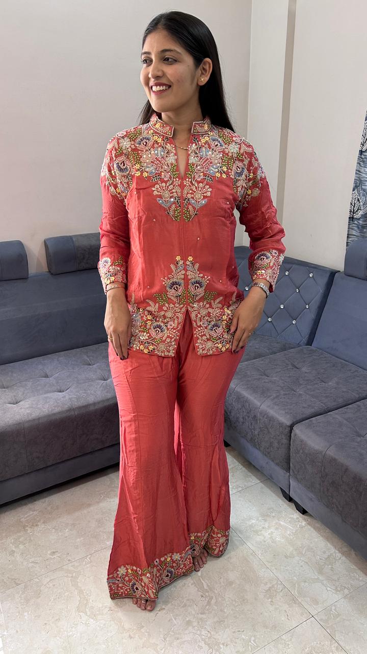 Elegant Floral Embroidered Orange Bell-Bottom Co-Ord Set