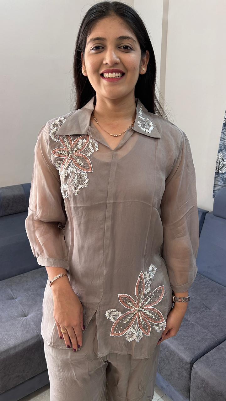Floral Motif Taupe Co-Ord Set