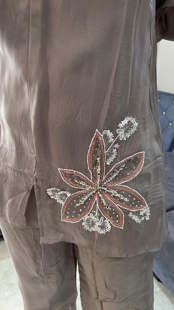 Floral Motif Taupe Co-Ord Set