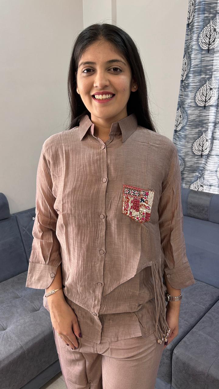 Chic Embroidered Pocket Taupe Co-Ord Set