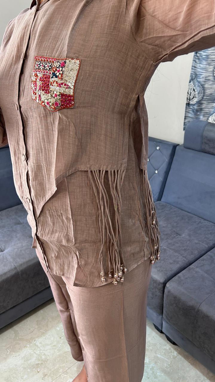 Chic Embroidered Pocket Taupe Co-Ord Set