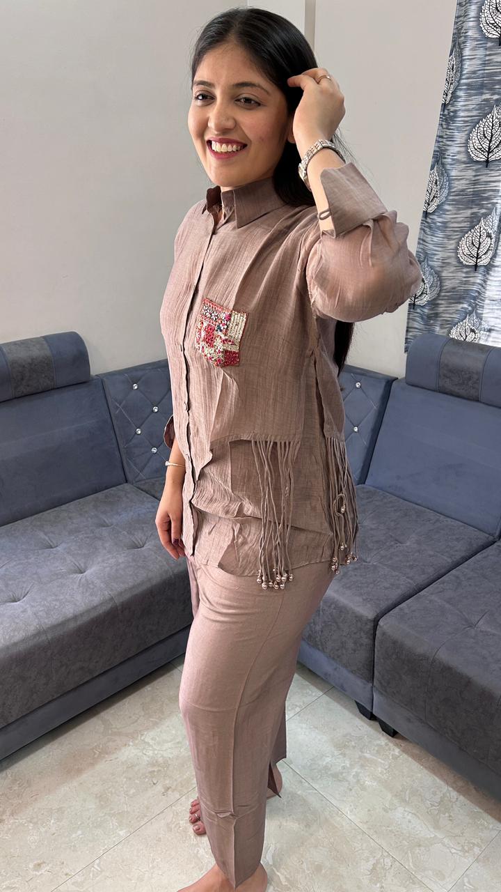 Chic Embroidered Pocket Taupe Co-Ord Set