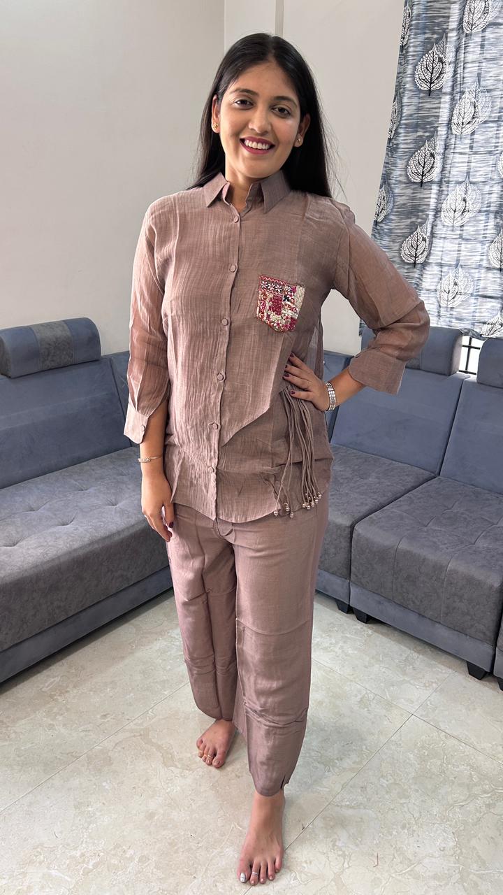 Chic Embroidered Pocket Taupe Co-Ord Set