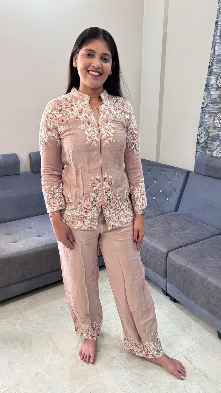 Rose Garden Embroidered Pink Straight-Fit Co-Ord Set