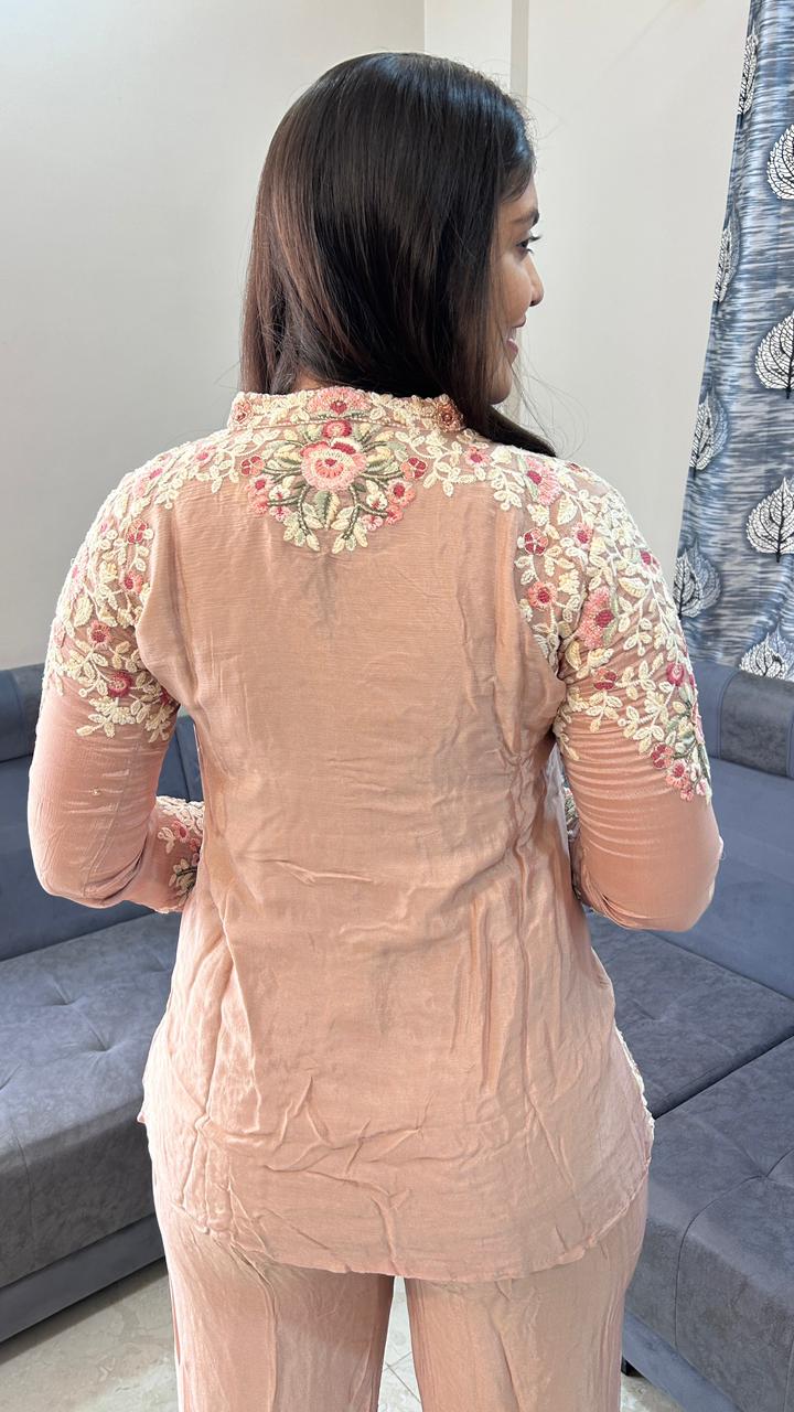 Rose Garden Embroidered Pink Straight-Fit Co-Ord Set