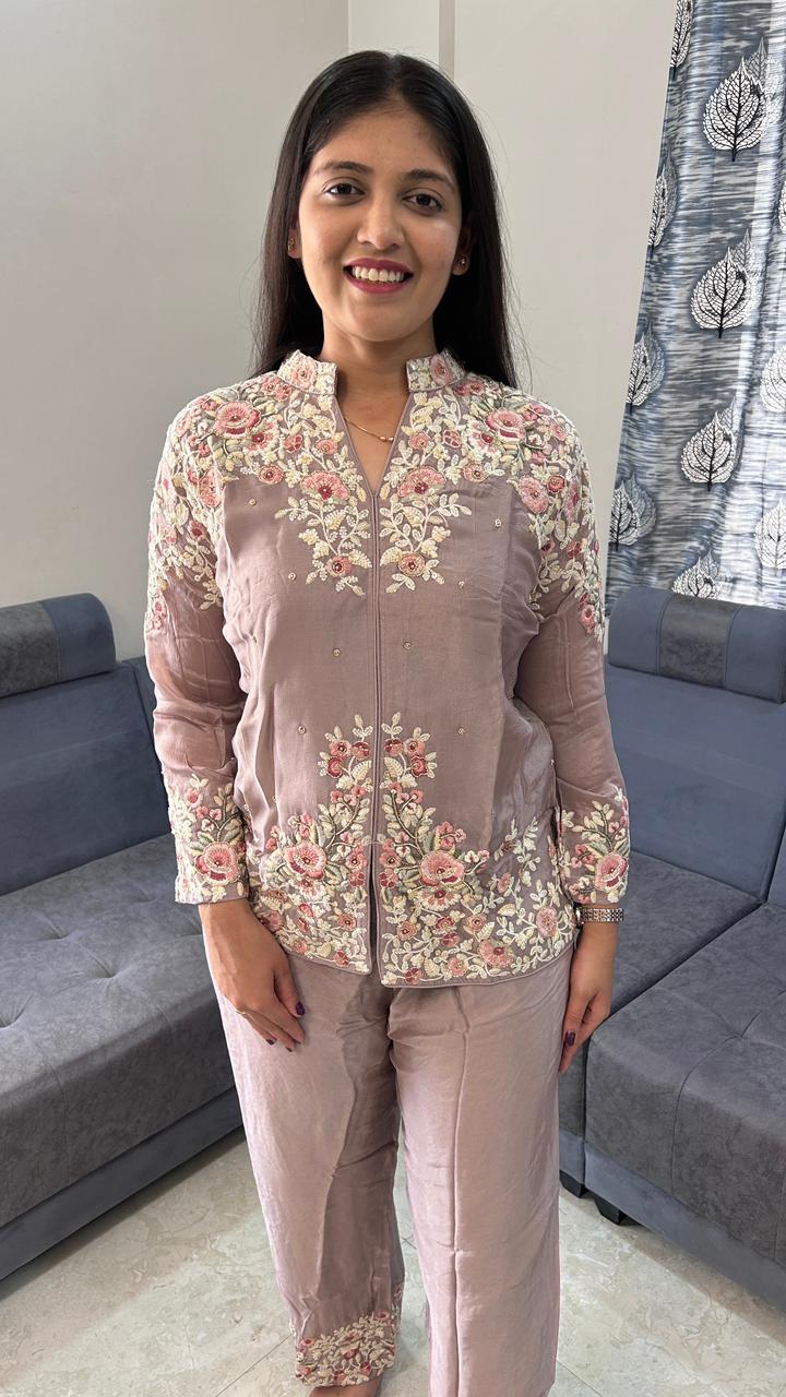 Rose Garden Embroidered Lavender Wide-Leg Co-Ord Set