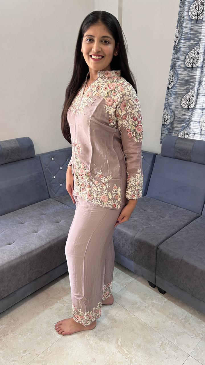 Rose Garden Embroidered Lavender Wide-Leg Co-Ord Set