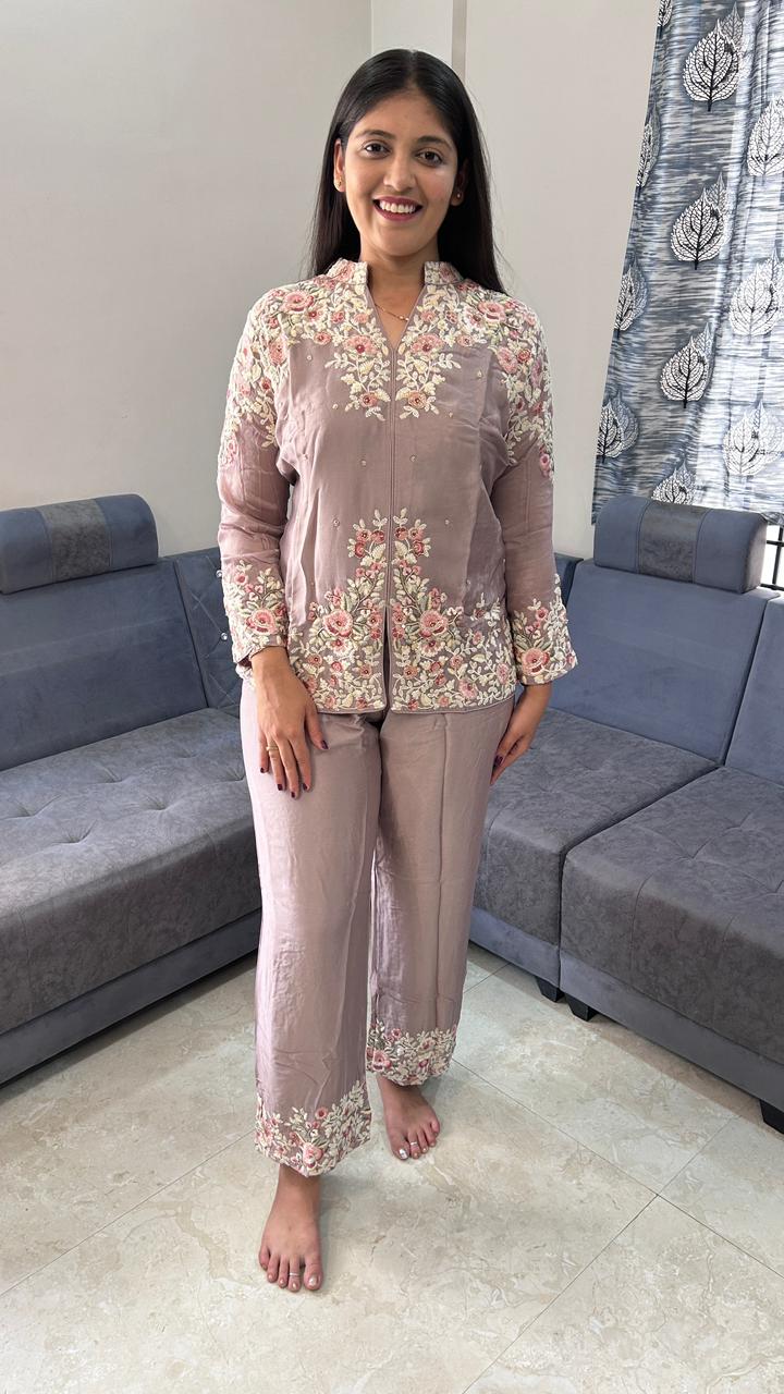Rose Garden Embroidered Lavender Wide-Leg Co-Ord Set