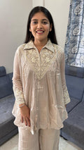 V-Neck Pleated Ivory Cream Co-Ord Set