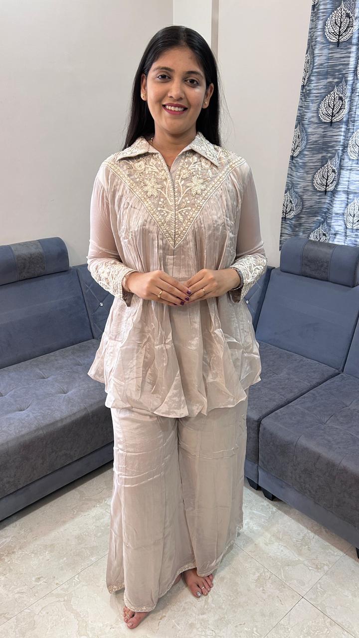V-Neck Pleated Ivory Cream Co-Ord Set
