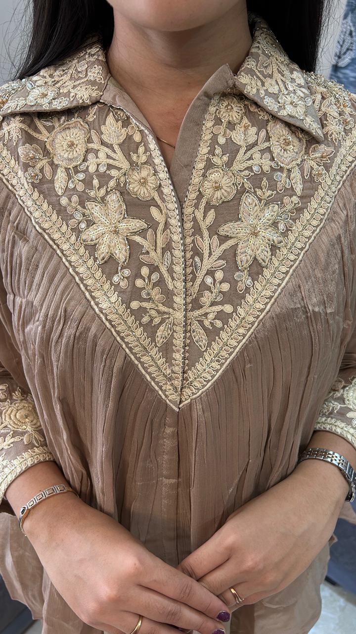 V-Neck Pleated Taupe Brown Co-Ord Set