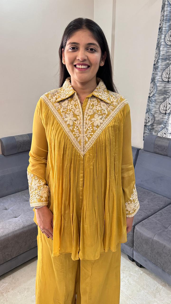 V-Neck Pleated Mustard Yellow Co-Ord Set
