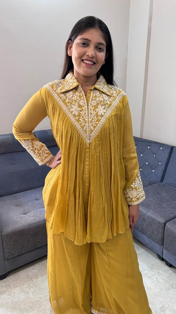 V-Neck Pleated Mustard Yellow Co-Ord Set