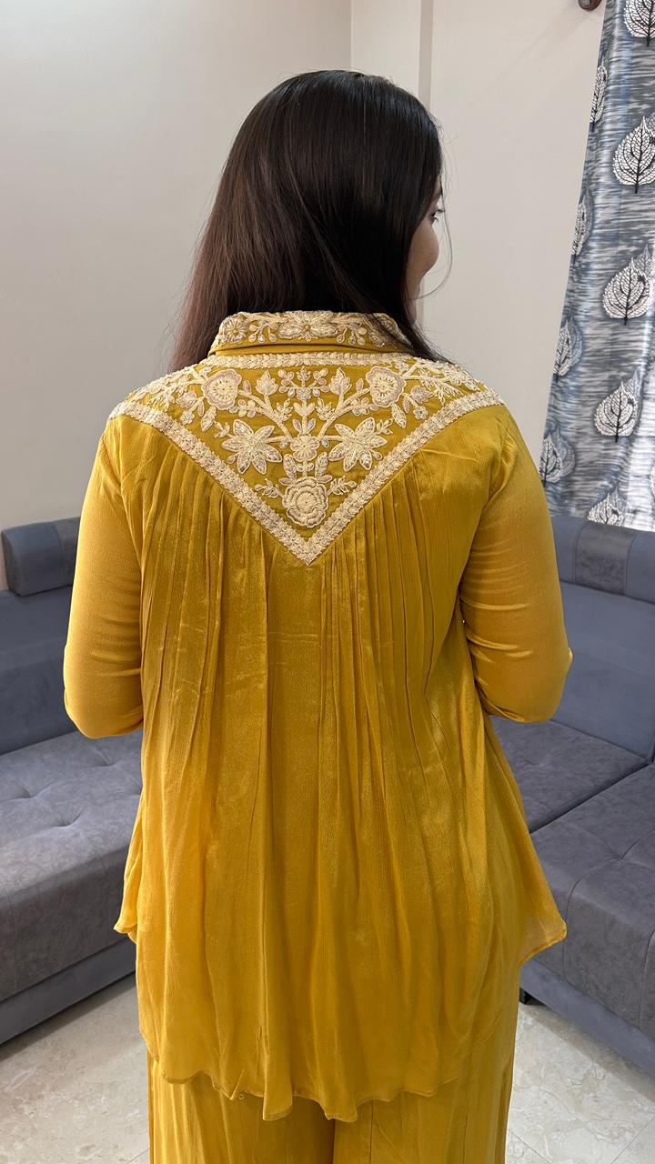 V-Neck Pleated Mustard Yellow Co-Ord Set