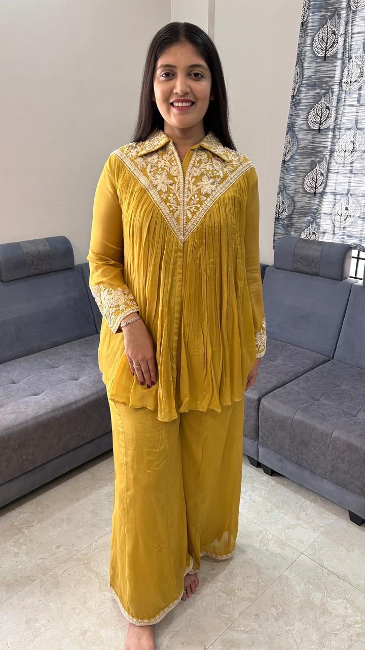 V-Neck Pleated Mustard Yellow Co-Ord Set