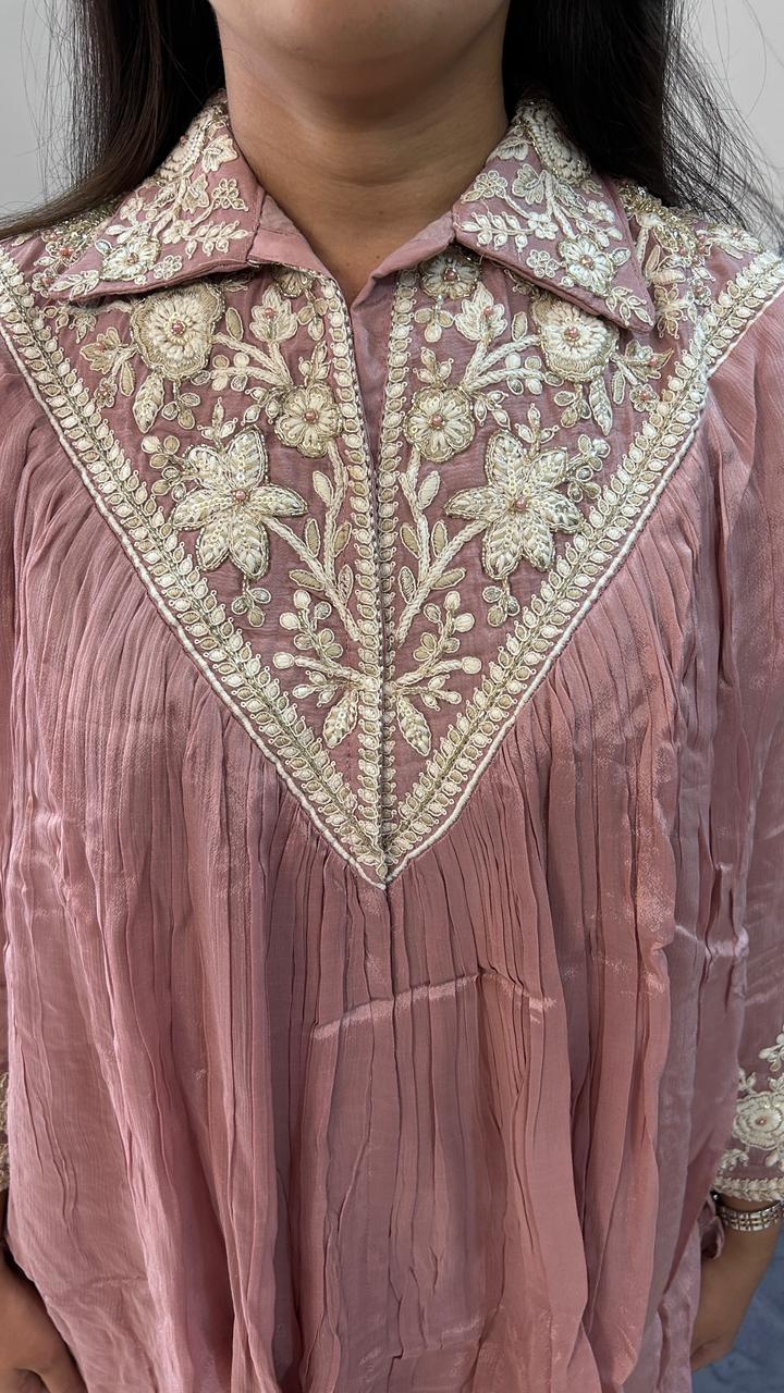 V-Neck Pleated Dusty Rose Pink Co-Ord Set