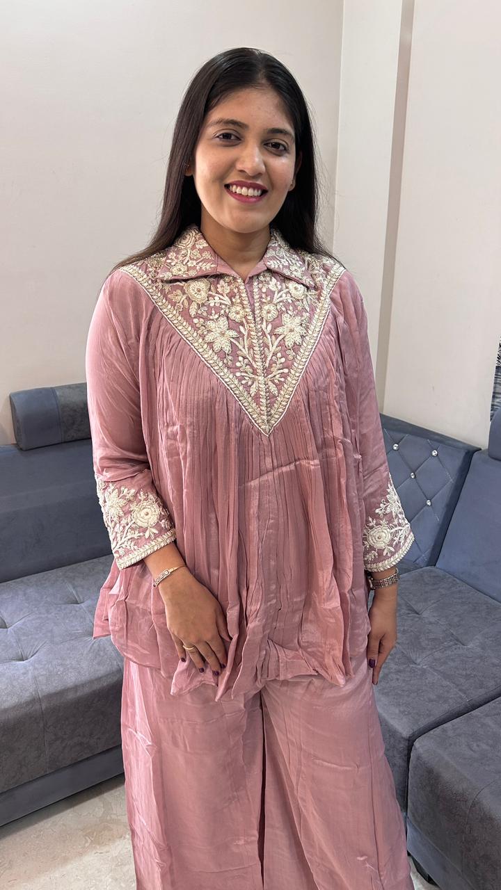 V-Neck Pleated Dusty Rose Pink Co-Ord Set