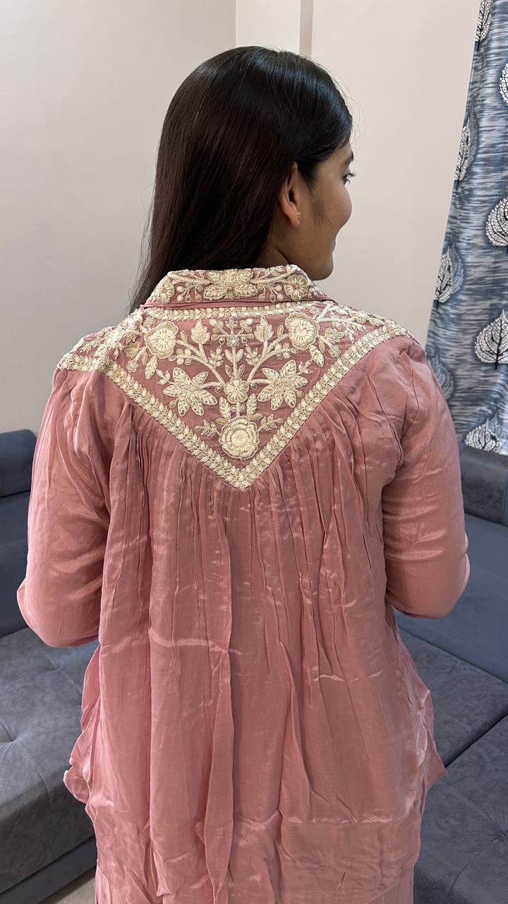 V-Neck Pleated Dusty Rose Pink Co-Ord Set
