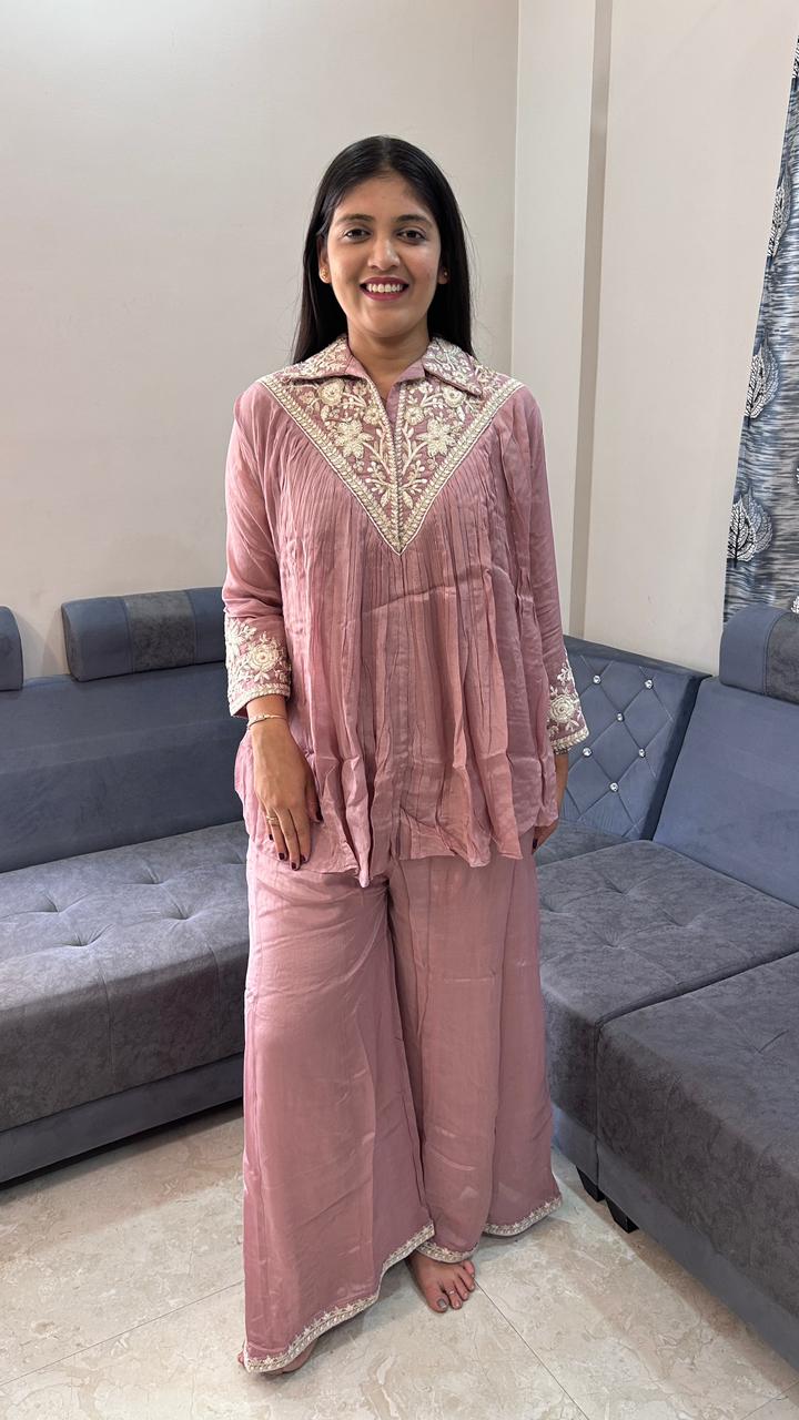 V-Neck Pleated Dusty Rose Pink Co-Ord Set