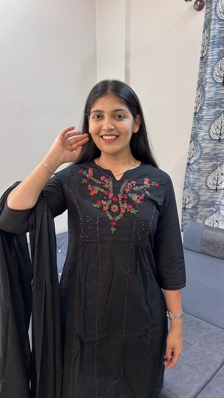 Midnight Bloom Batik Cotton Kurta Palazzo Set with Dupatta
