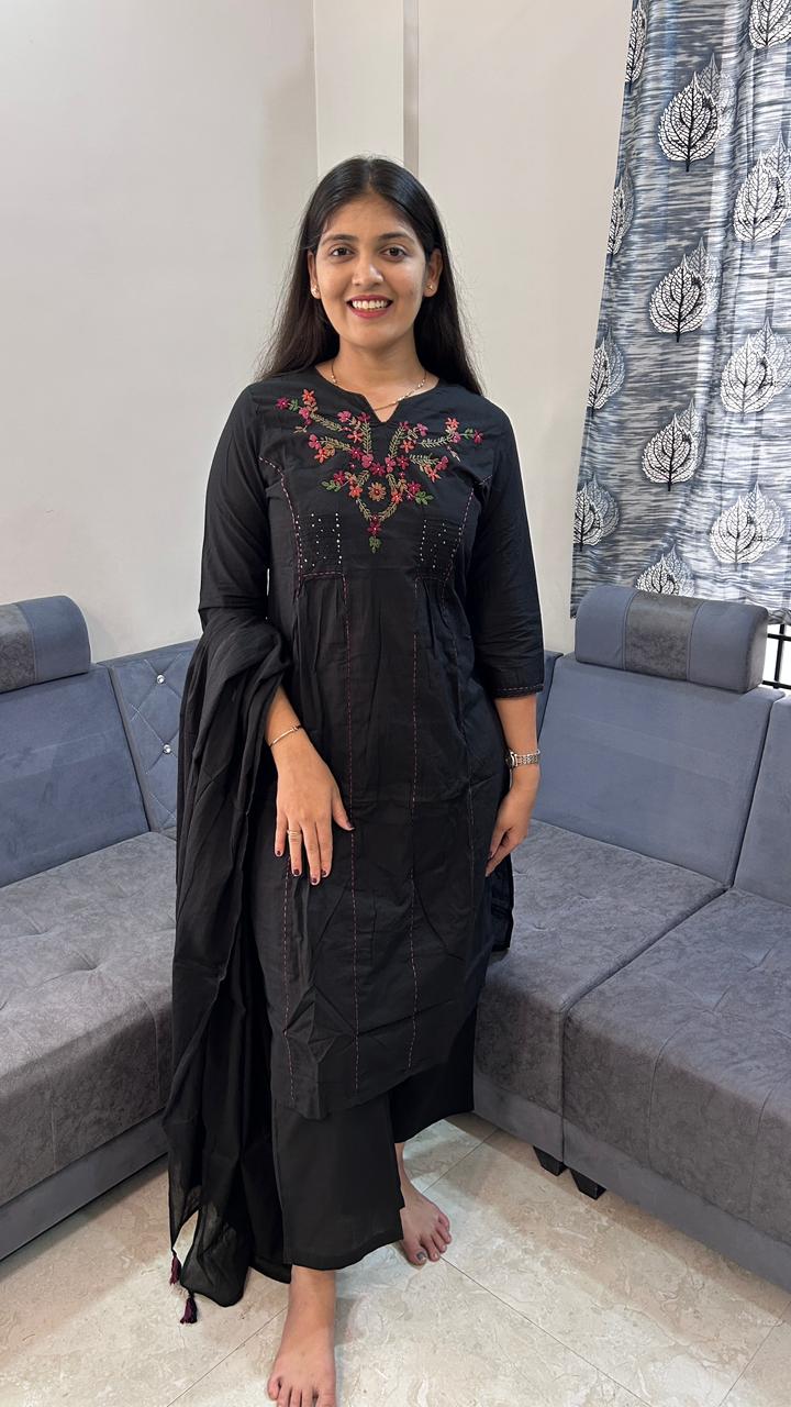 Midnight Bloom Batik Cotton Kurta Palazzo Set with Dupatta