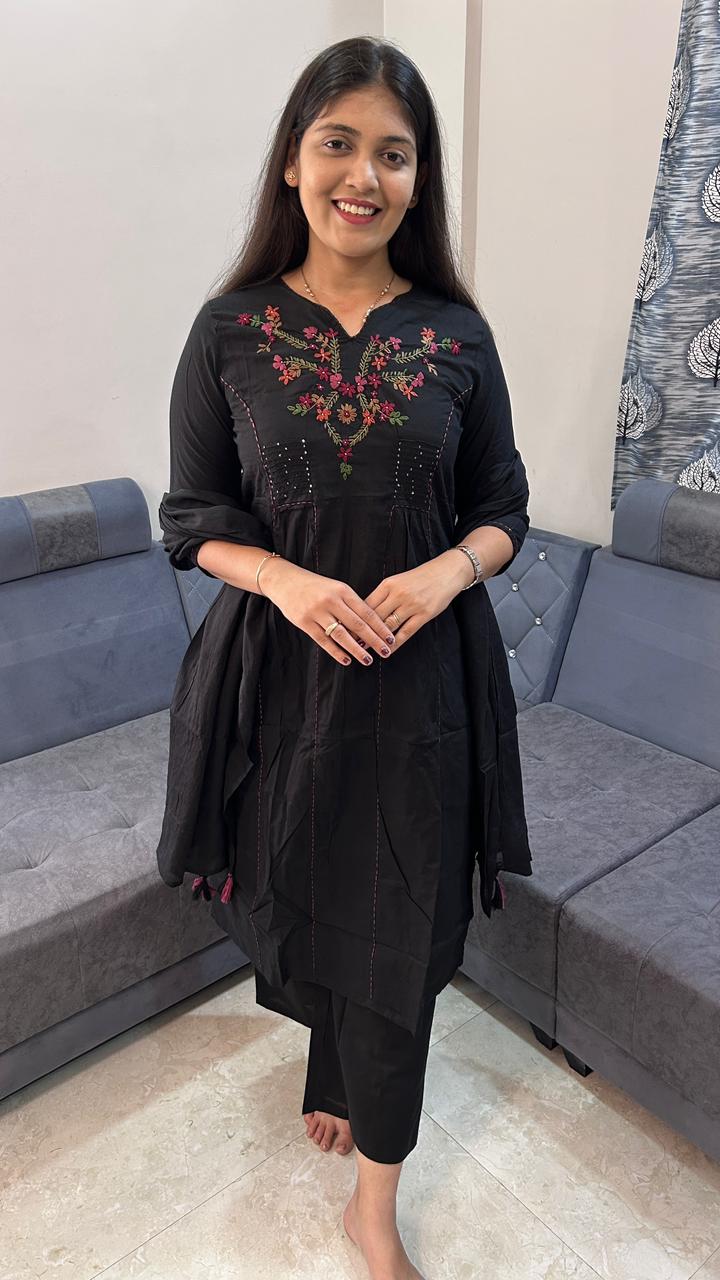 Midnight Bloom Batik Cotton Kurta Palazzo Set with Dupatta
