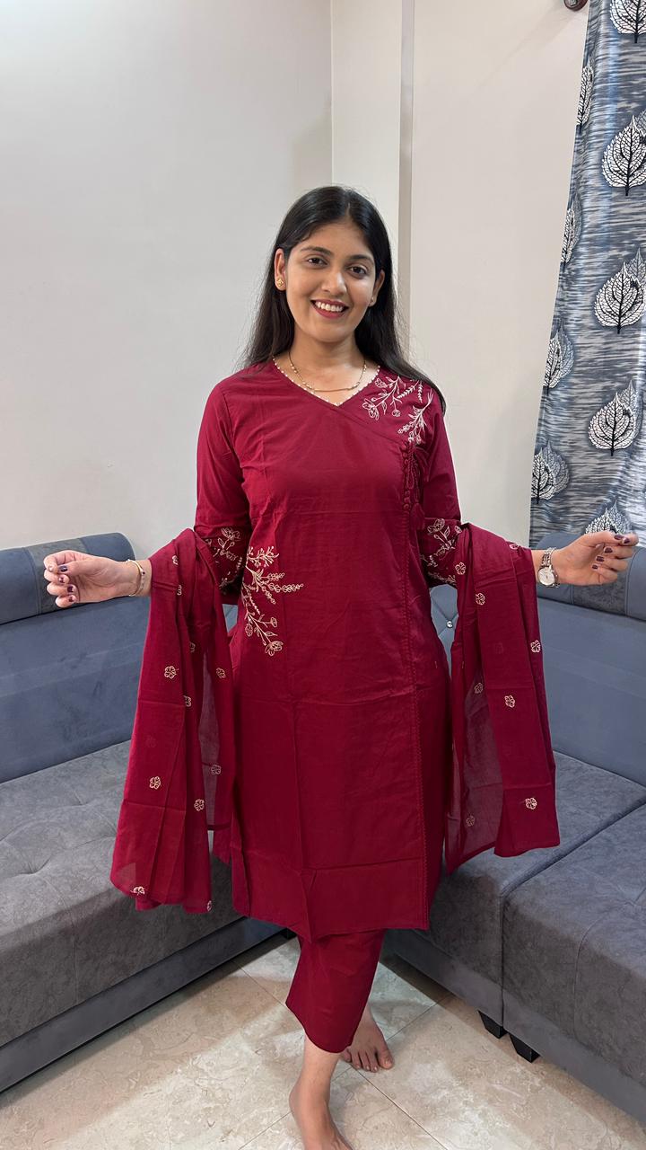 Crimson Angrakha Cotton Kurta Set with Booti Dupatta