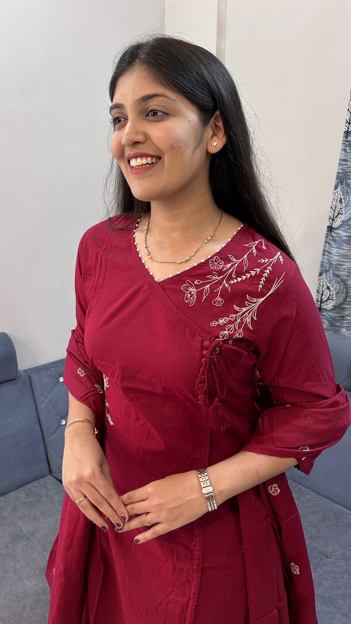 Crimson Angrakha Cotton Kurta Set with Booti Dupatta