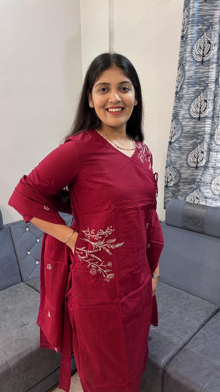 Crimson Angrakha Cotton Kurta Set with Booti Dupatta