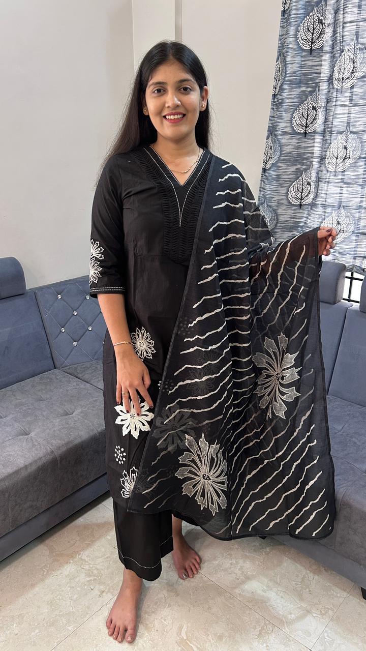 Midnight Bloom Batik Cotton Kurta Palazzo Set with Dupatta