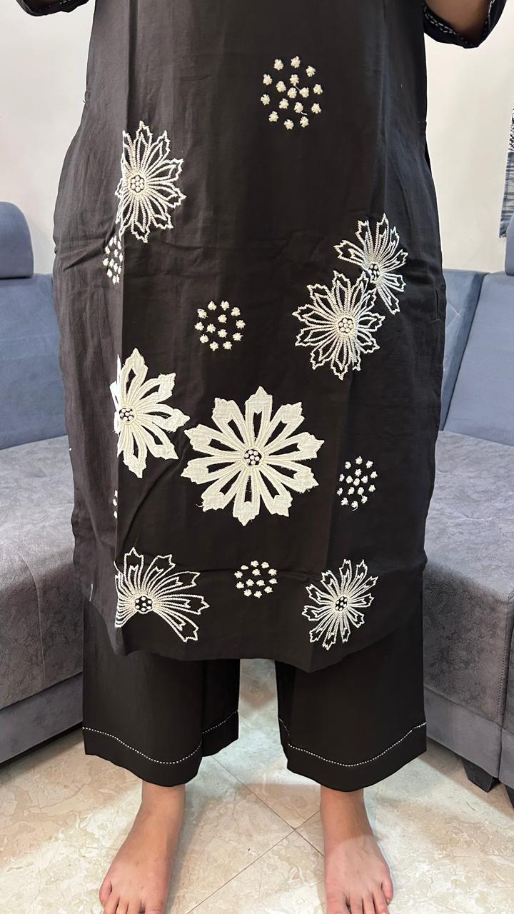 Midnight Bloom Batik Cotton Kurta Palazzo Set with Dupatta