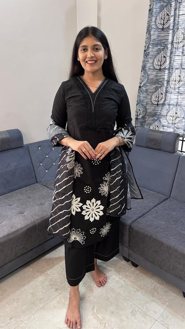 Midnight Bloom Batik Cotton Kurta Palazzo Set with Dupatta