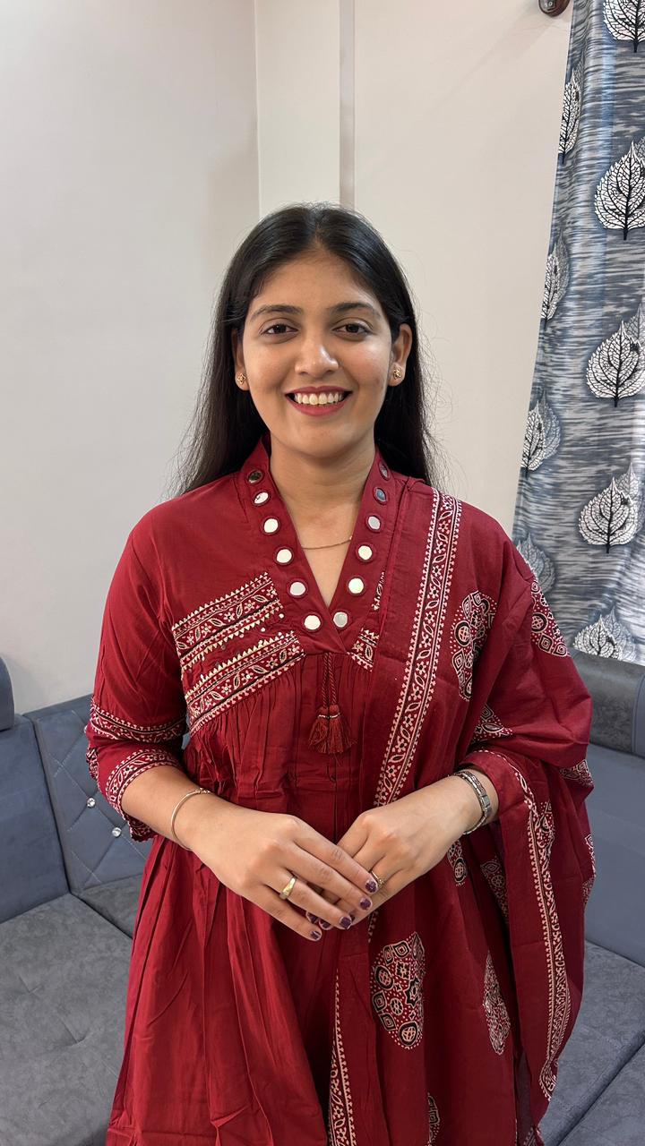 Maroon Heritage Ajrakh Print Kurta Set with Mirror Work