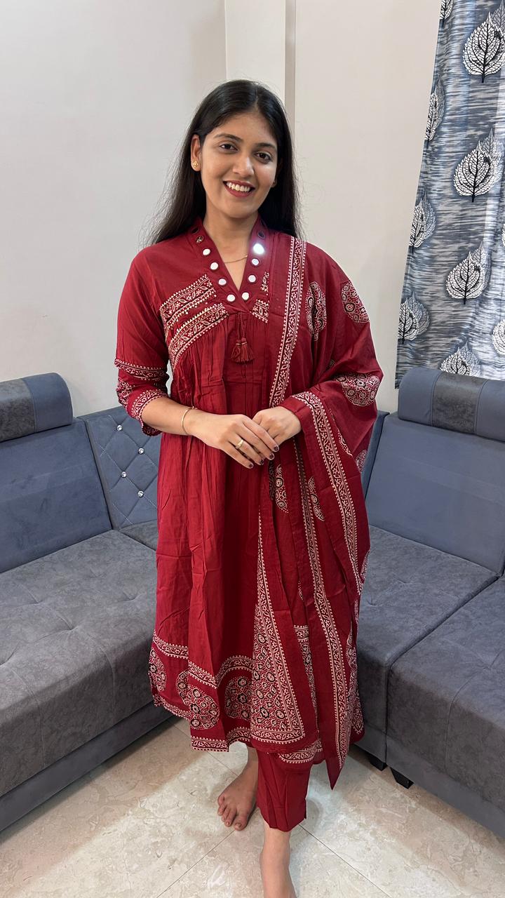 Maroon Heritage Ajrakh Print Kurta Set with Mirror Work