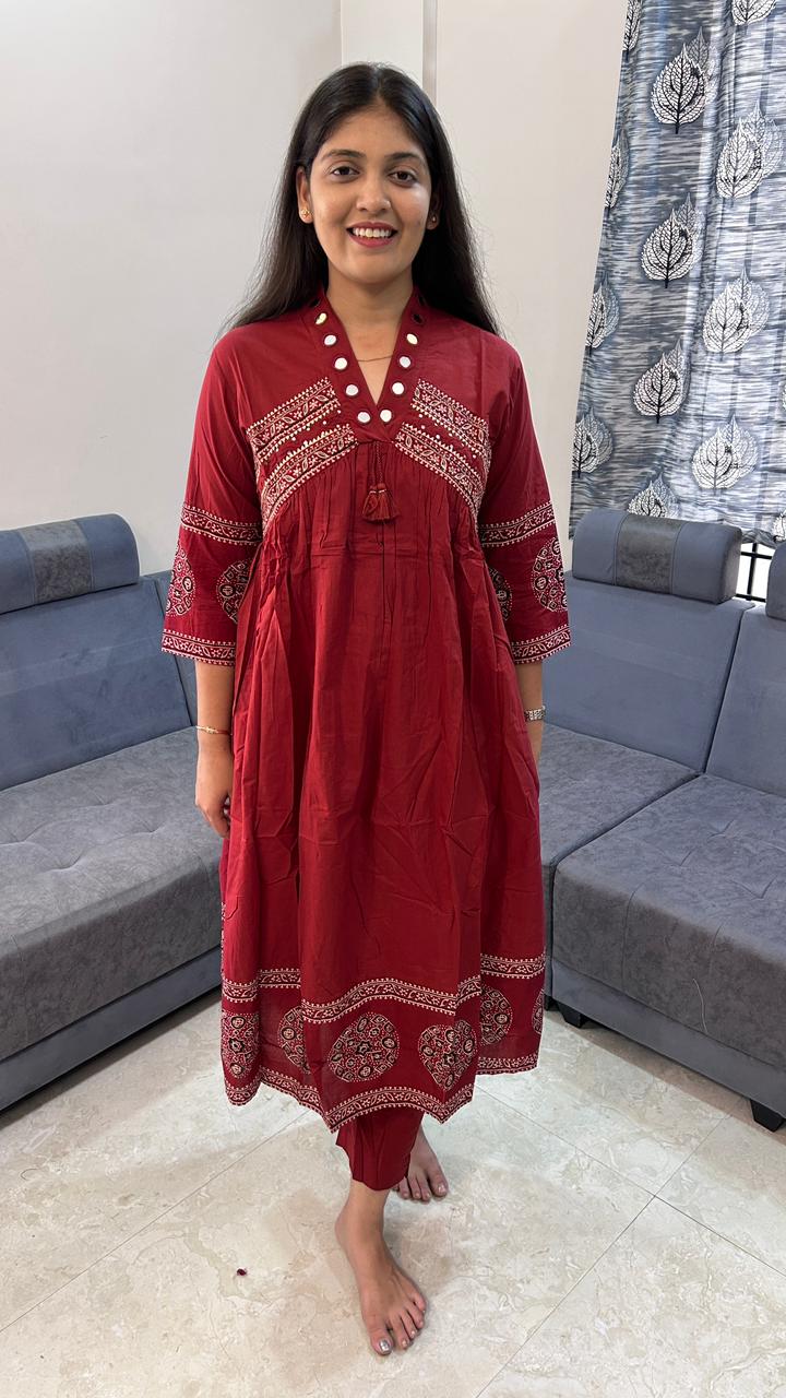Maroon Heritage Ajrakh Print Kurta Set with Mirror Work
