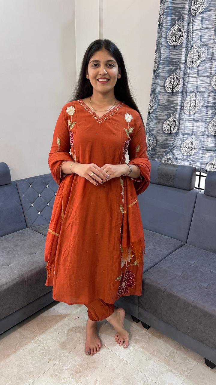 Burnt Rust A-Line Kurta Set with Gota Embroidery