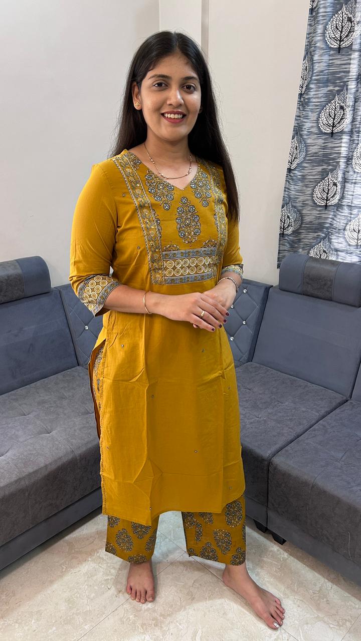 Mustard Mustard Tradition Block-Print Kurta Set with Dupatta