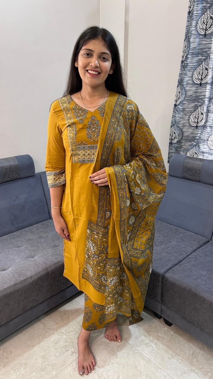 Mustard Mustard Tradition Block-Print Kurta Set with Dupatta