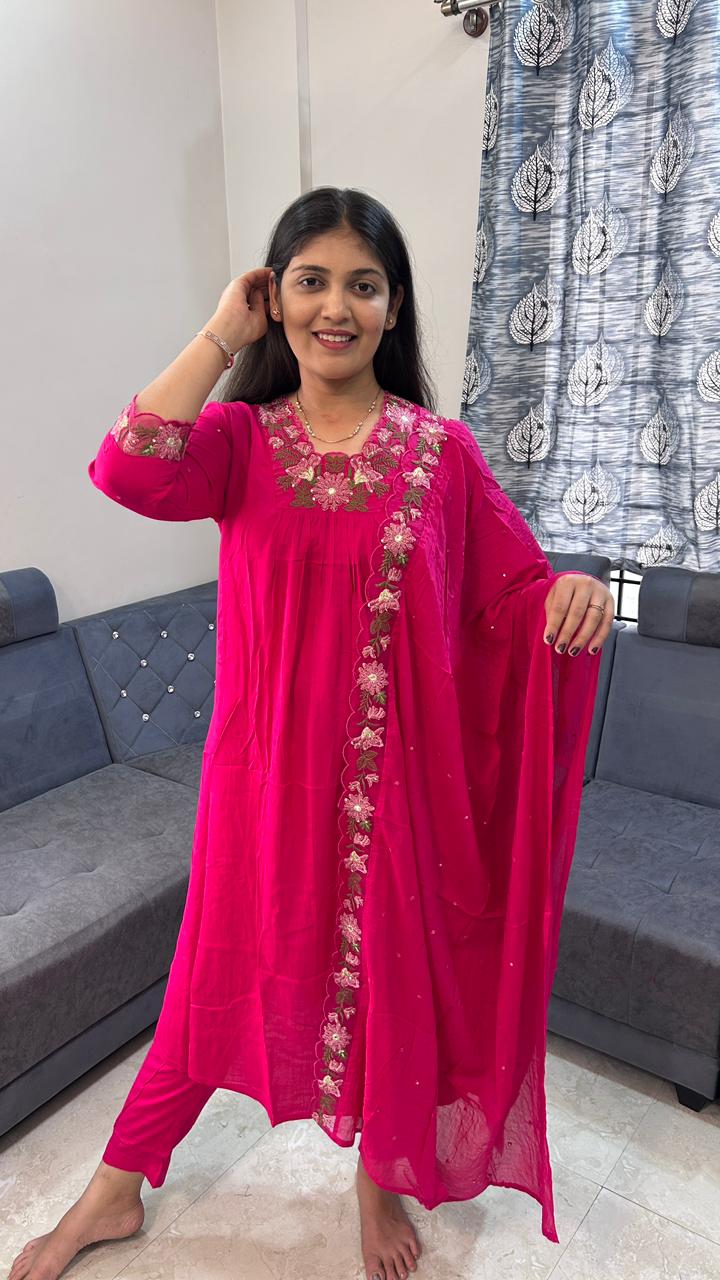 Gulabi Festive Organza-Border Kurta Set with Scalloped Dupatta