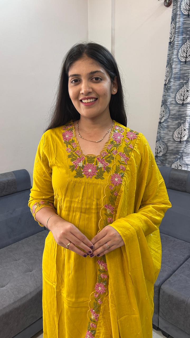 Lime Zest Floral Yoke Kurta Set with Embroidered Borders